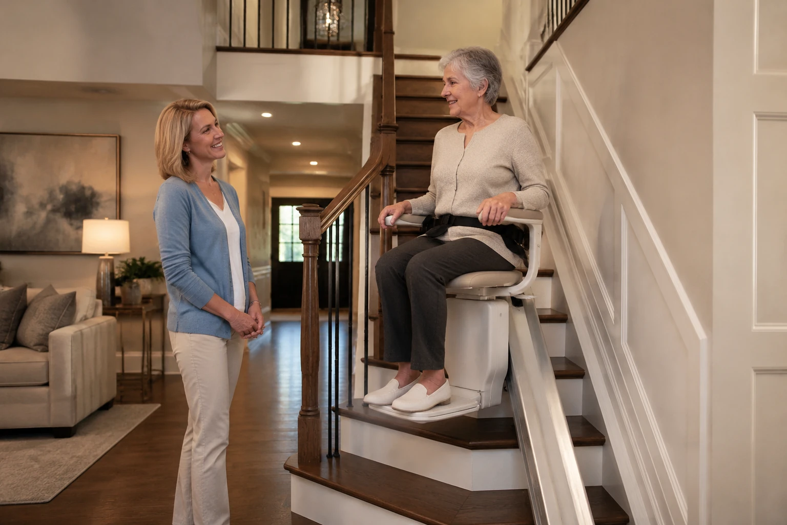 Modern straight stair lift installed on straight staircase in duplex house